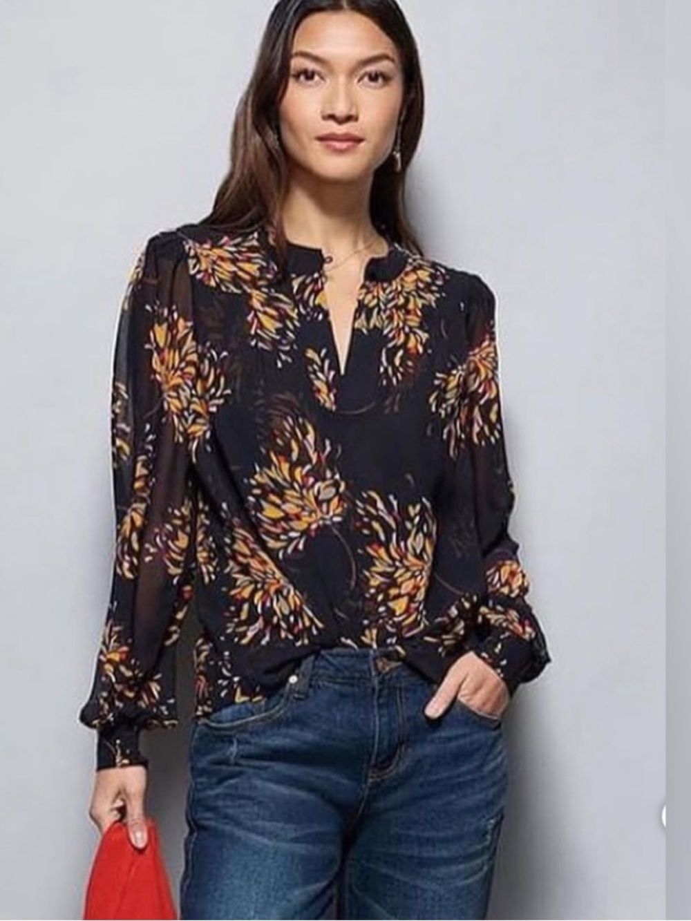 Cabi Fiesta Chiffon Starflower Blouse Puff Sleeves Lined Womens Medium